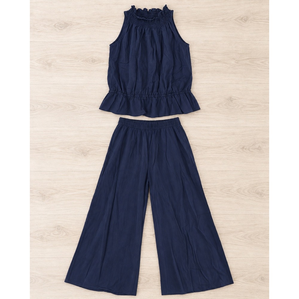 Womens Linen 2 Piece Set Sleeveless Ruffle Top Wide Leg Pants Navy Large NWT
